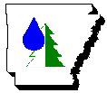 Graphic of the outline of the state of Arkansas with a pine tree and a water drop in the center.